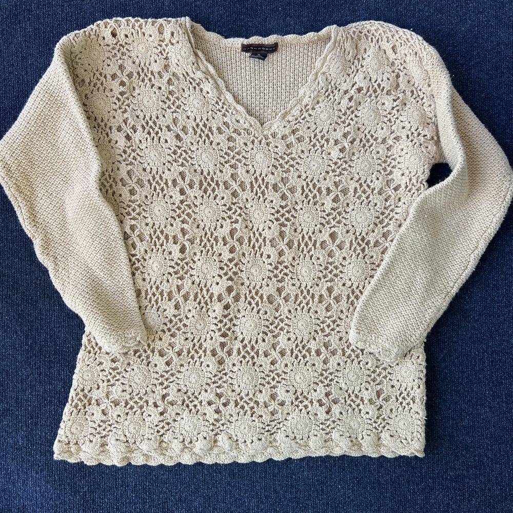 Yarnworks‎ Sweater Womens XL Beige Crochet Floral Knit V Neck Ramie Cotton Boho